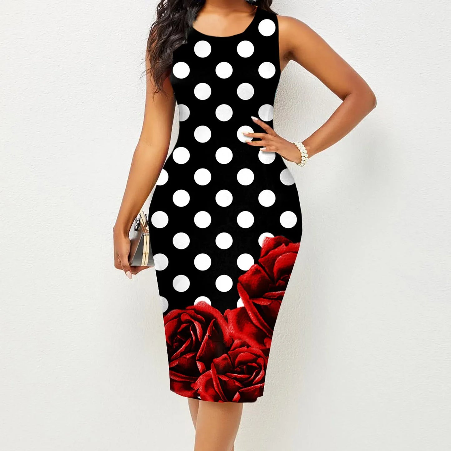 Spring and Summer, New Fashion Women Sleeveless Wrapped Hip Print Dress.