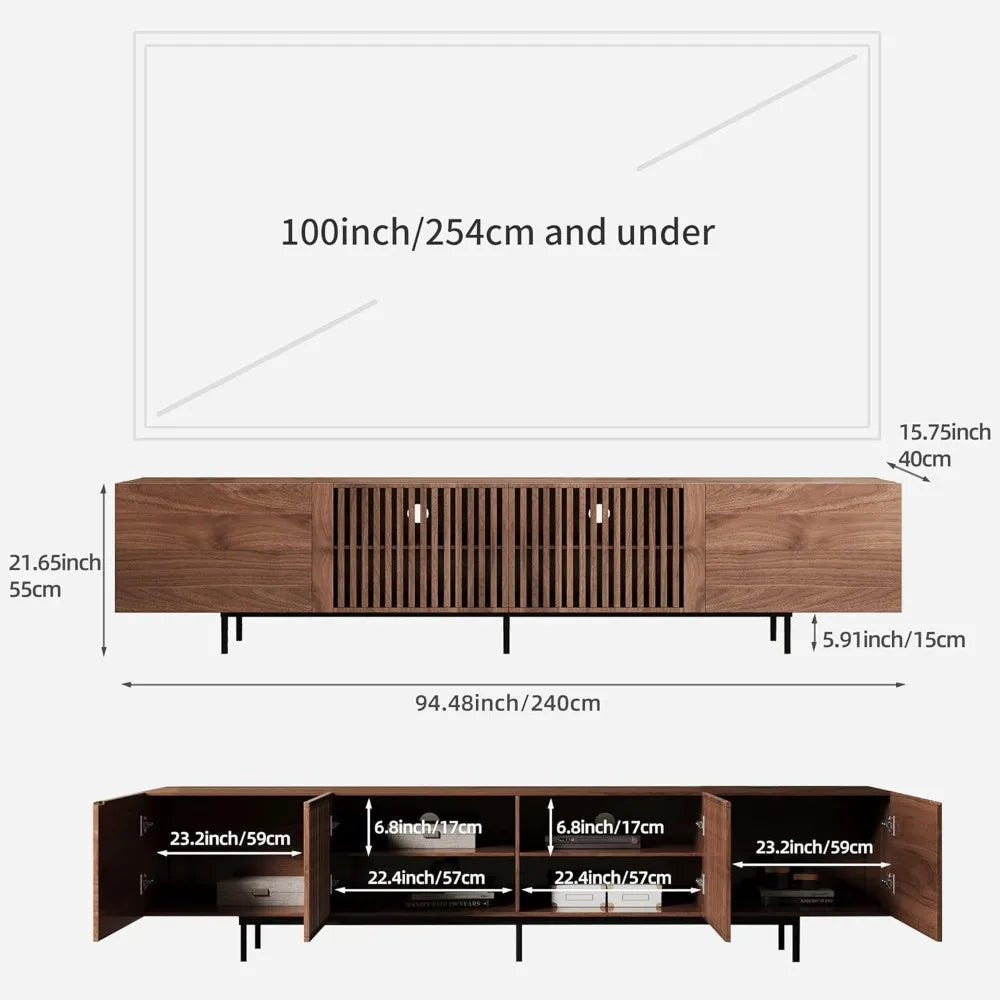 Mid Century Modern TV Stand for 70-90 Inch TVs, 4 Cabinet Storage Console.