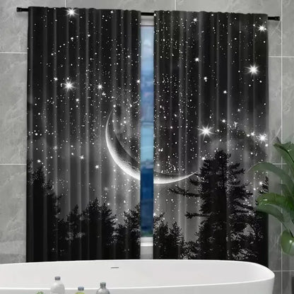 2pcs Starry Moon Forest Polyester Curtains - Set of Two Window Treatments.