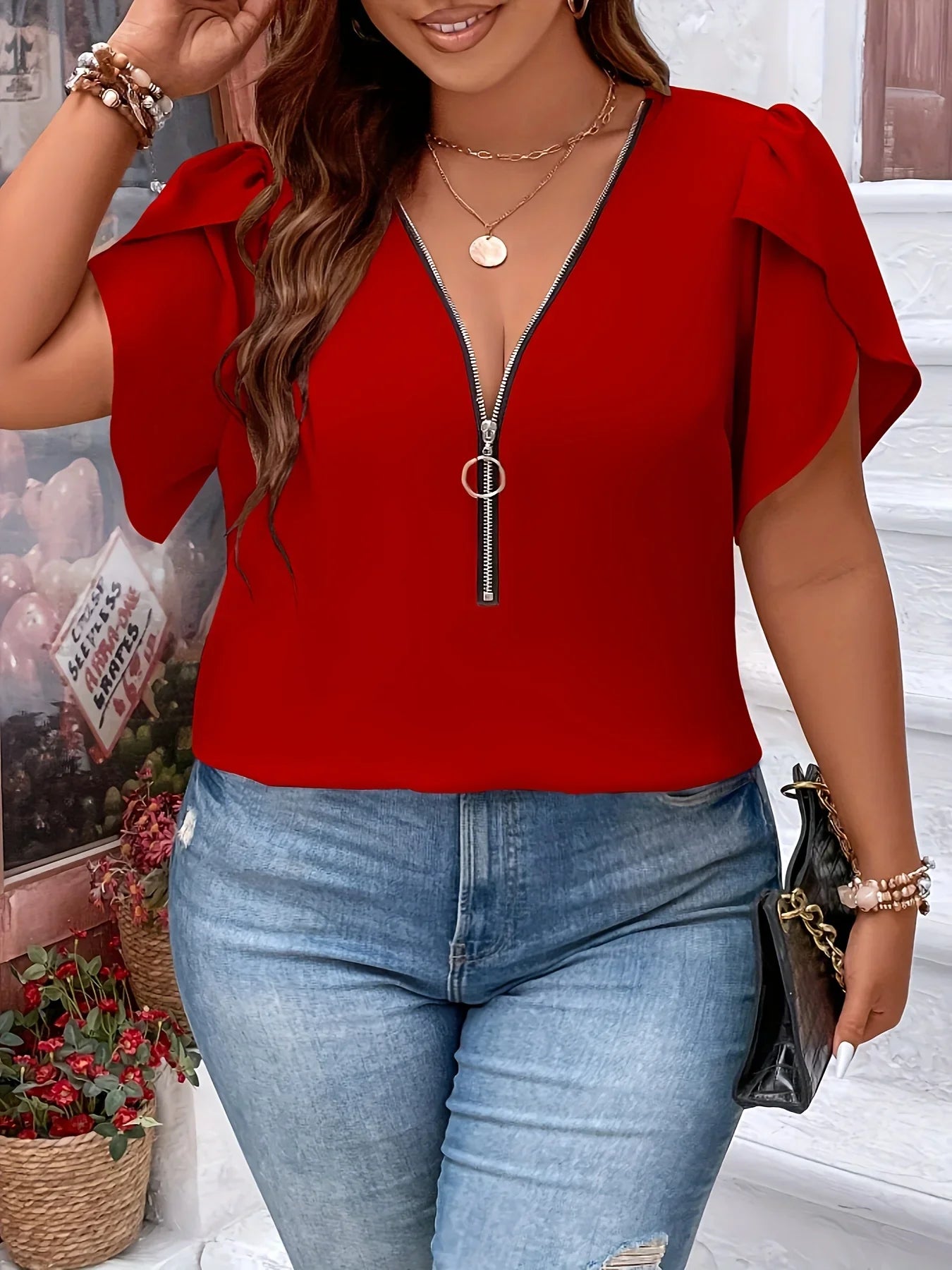 Plus Size Summer Women Elegant Zipper Chiffon Blouses, Casual Office Lady Solid Tops.