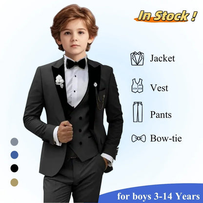 2025 New Kids Suit Set, 4 Pieces Formal  Suits for Boys, Jacket, Vest, Pants, Bowtie Velvet Collar.