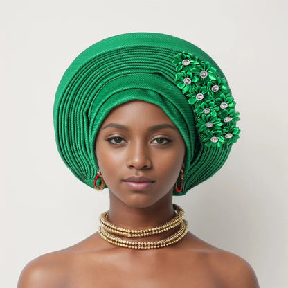 Red Multi-Layered, Turban Hat African Fan Shaped Head Wraps ,Pleated Headwear With Crystal.