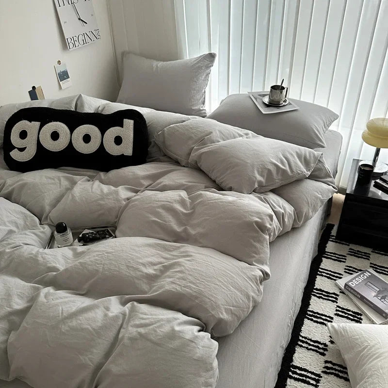 Bed Linen Solid Cotton Bedding Set, with Sheet, Duvet Cover, Pillowcases. Single Couple Bedsheet King, Queen Double Twin Size