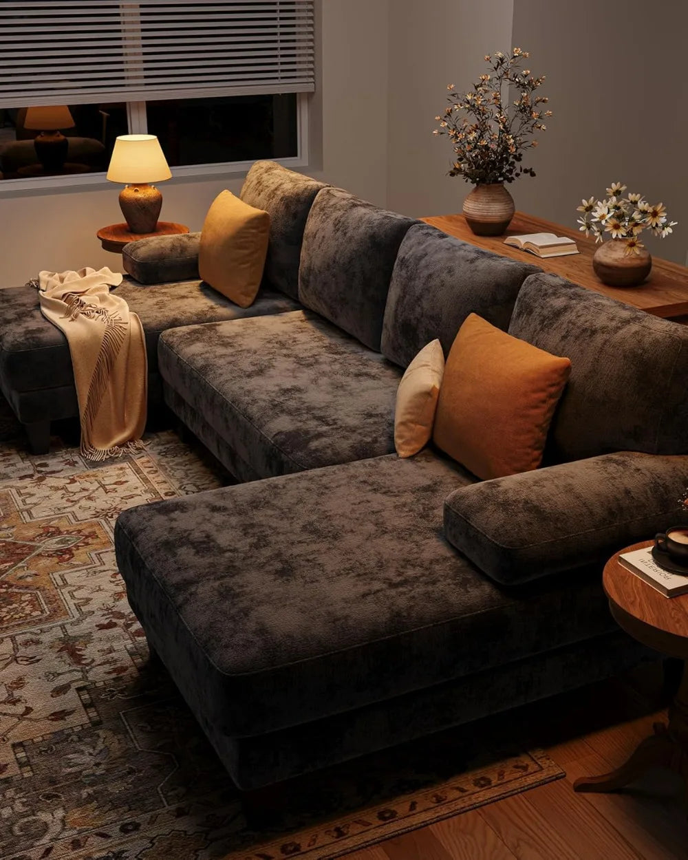 112 Inch U-Shaped Sectional Sofa, Dark Grey Chenille Fabric, Double Chaise for Living Room.