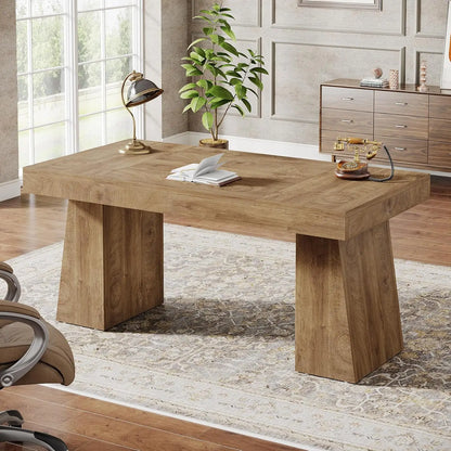 Executive Desk, Modern Home Office Desk with Trapezoid Base, Wood Computer Desk Workstation Small Conference Table.