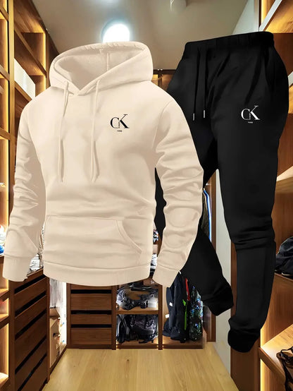 2025 Men Hoodie & Sweatpants Set - Casual Gray Loungewear with Pockets, Drawstring Hood and Ribbed Waistband.