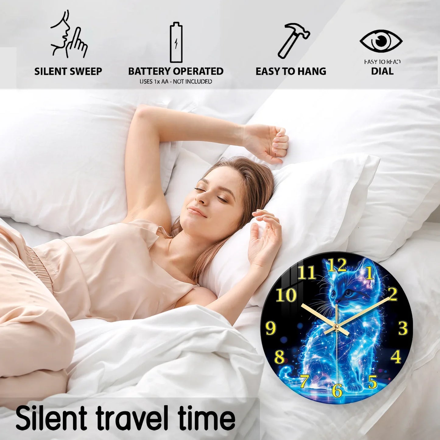 A Unique Neon Cat Tempered Glass Wall Clock, 12-24inch Round Cat-Themed Silent Clocks Powered by Batteries.(Battery not included)