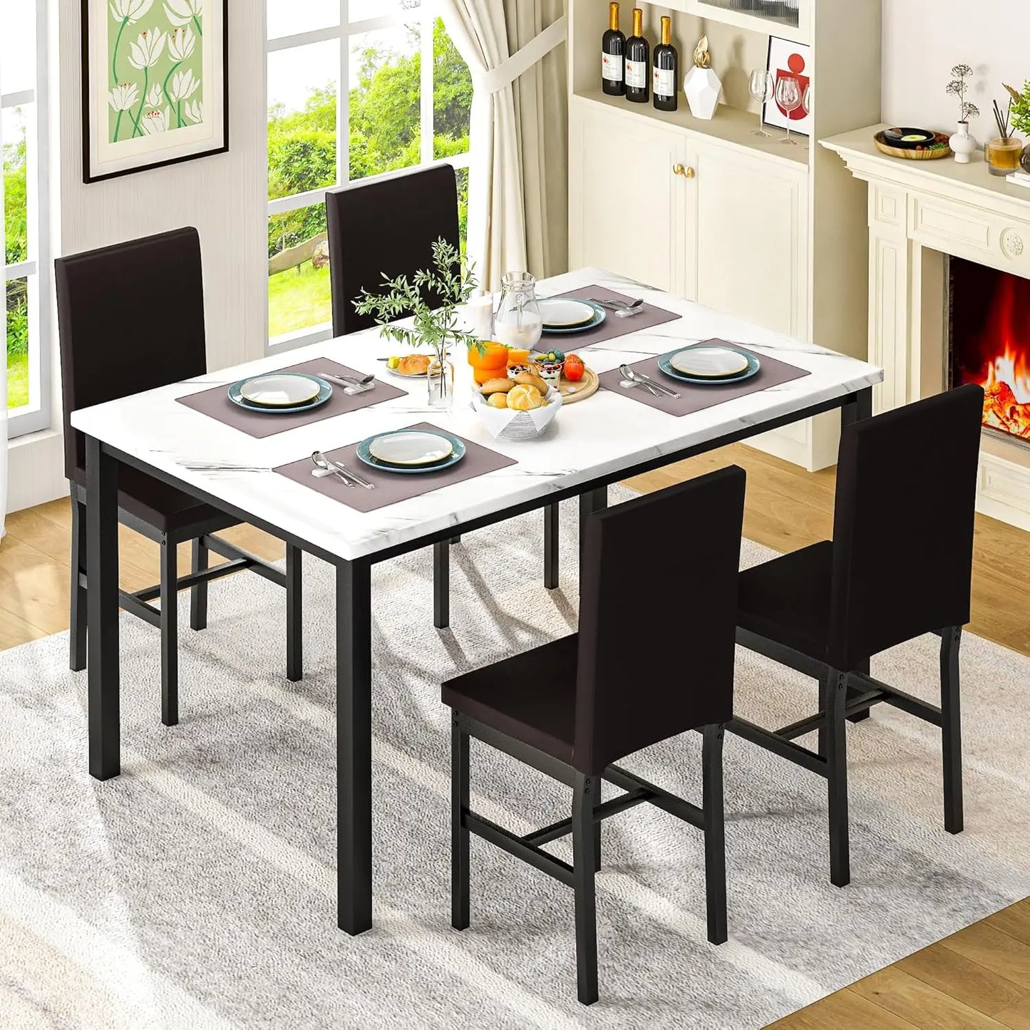 Dining Table Set for 4, Modern Kitchen & Dining Room Sets, Faux Marble Table with 4 Leather Chairs.