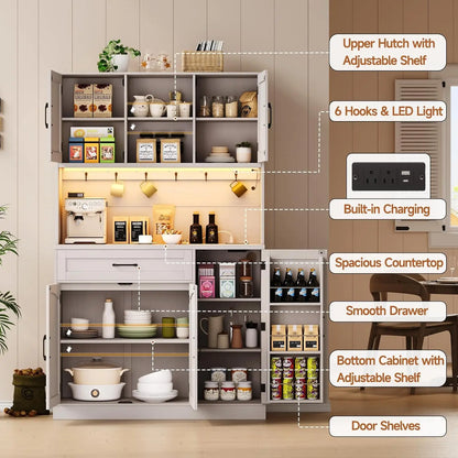 71" Kitchen Pantry Cabinet w/ LED Light & Outlet - Hutch w/Microwave Shelf, 6 Hooks, Door Storage, Drawer & Shelves.