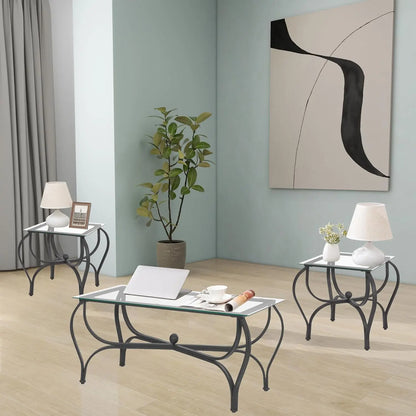 3-Piece Coffee Table Set, Tempered Glass Surface Living Room Sets, Coffee Table & 2 End Side Table, Metal Frame.