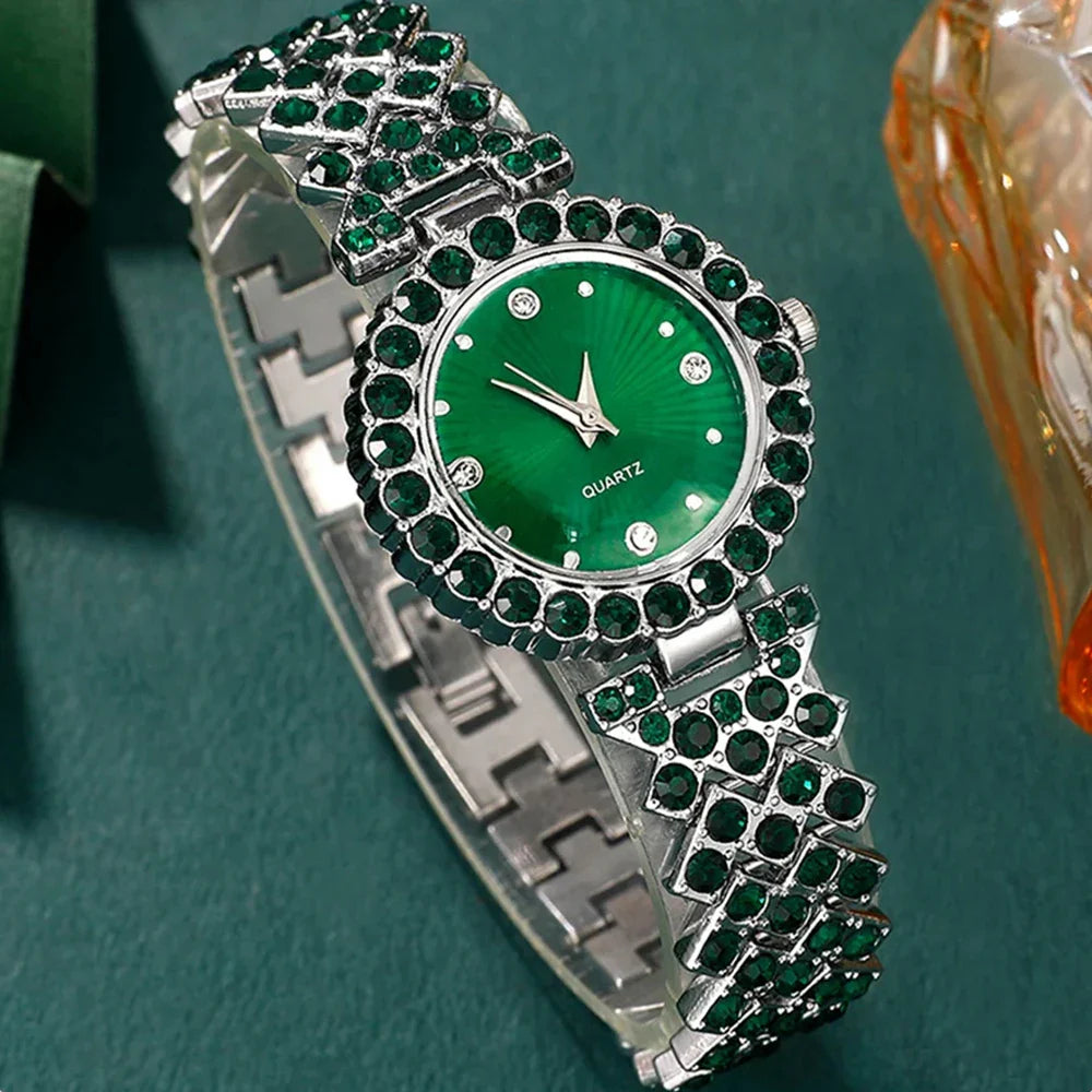 Women Fashion Watches Heart Rhinestone, Ring ,Necklace ,Earring  Jewelry Set.