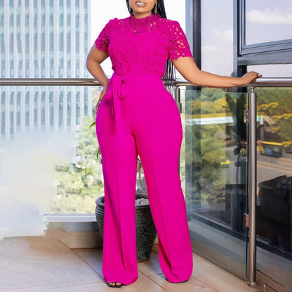 Elegant Jumpsuits & Rompers for Women, O Neck Lace Patchwork Short Sleeve Sashes High Waisted.