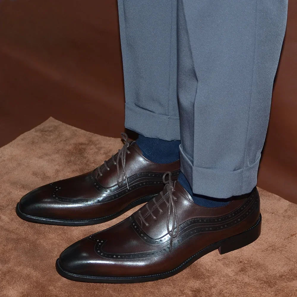 Men Wingtip Oxford Dress Shoes, Genuine Leather Brogue, Dark Brown Lace-up Pointy Toe, Business, Office, Wedding, Formal Shoes.