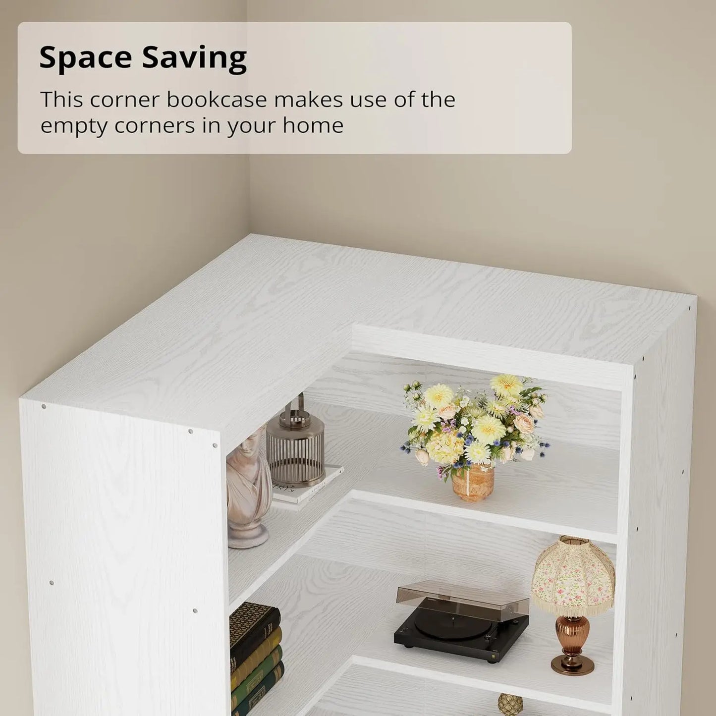 Corner Bookshelf with Doors, 6 Tier Bookcase with Storage, Corner Shelf with Cabinet, Large Bookshelf for Living Room.