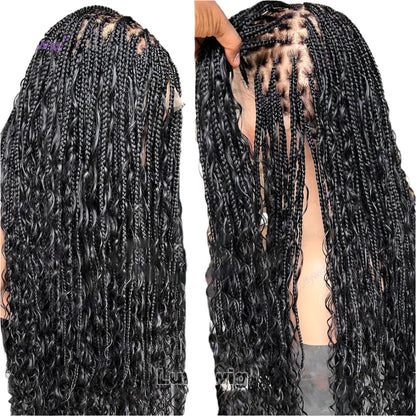 26"+ Boho Knotless Braids Ponytail Wig | HD Full Lace | Human Hair | 300% Density | Baby Hair