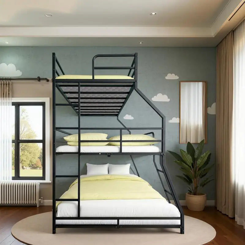 Triple Bunk Bed with Long & Short Ladder, Full-Length Guardrails, Easy Assembly, for Kids.
