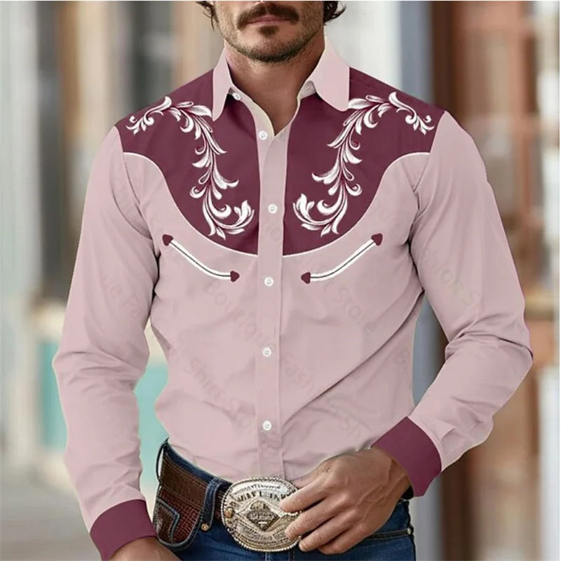 Floral Retro Western Men Shirt Outdoor, Street Casual Long Sleeve S-5XL Shirt.
