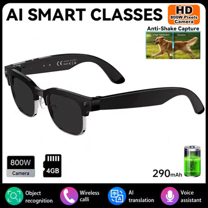 AI Smart Glasses 8MP Bluetooth, Waterproof ,IP66 with Video Recording, Photo Recognition, Translation, 290mAh Glasses for Everyday Use.