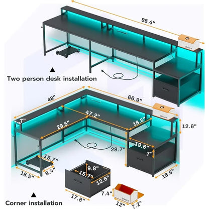 L Shaped Gaming Desk  with File Drawer Power Outlet Computer Desk  Led Lights