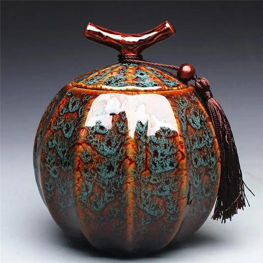Pumpkin Style Tea Jar Ceramic Tea Barrel Yellow, Green, red Sealed Storage Pot .