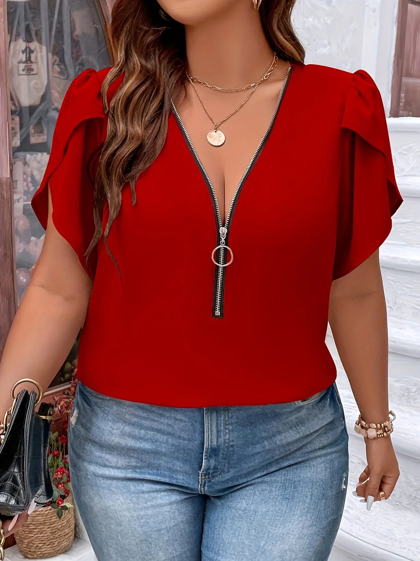 Plus Size Summer Women Elegant Zipper Chiffon Blouses, Casual Office Lady Solid Tops.