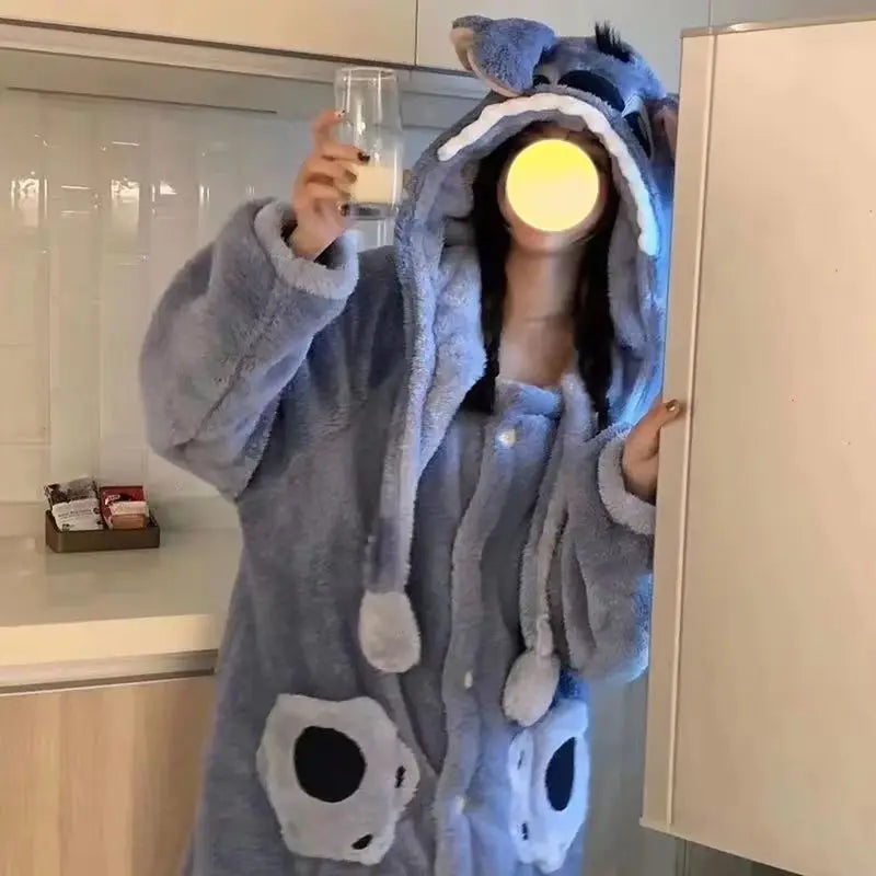 Disney Stitch Warm Fleece Lined Sleepwear Robe, Soft Material Men, Women Pajamas Set.