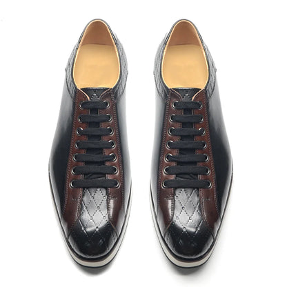 Europe 2024 Fall Luxury Men's Genuine Leather Plaid Casual Shoes | Black & Dark Brown Business Sneakers (Height Increasing)
