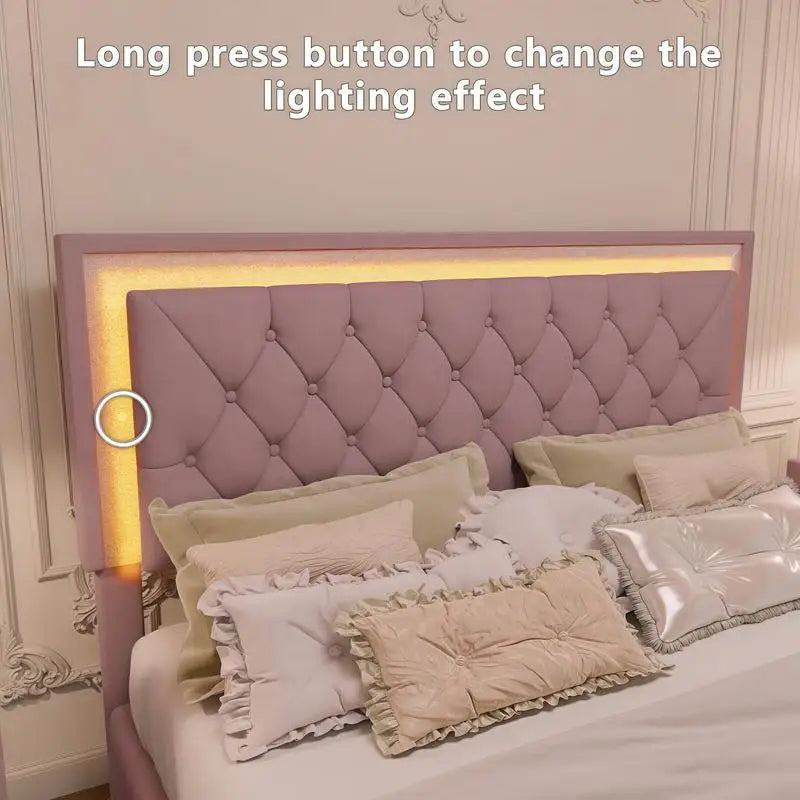 3-Piece Bedroom Set, Queen Size Upholstered Bed with LED Lighting & 2 Nightstands.