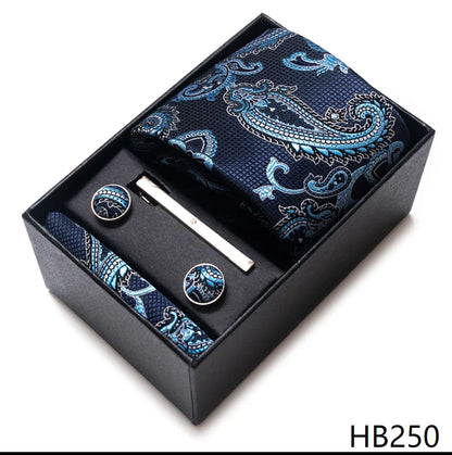 8 cm Wide Tie Sets Blue Solid Men's Neck Tie Handkerchief Cufflinks Clip Gift Silk Handmade