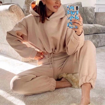 Winter Tracksuit Women Two Piece Set - Oversized Hoodie Sweatpants, Solid Color Sportswear Suit.