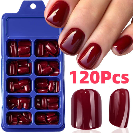 120Pcs Red Short Square Fake Nails  Full Cover Press on Acrylic Fingertip.