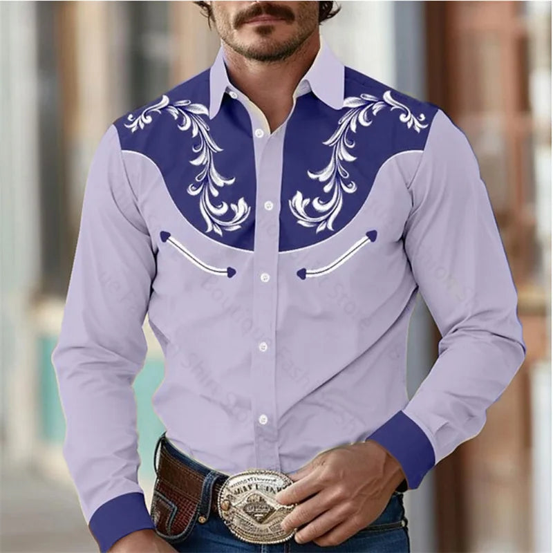 Floral Retro Western Men Shirt Outdoor, Street Casual Long Sleeve S-5XL Shirt.