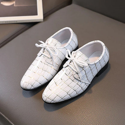 Boys Performance Shoe, Pointed Toe Black, White Children Leather Casual Shoes.