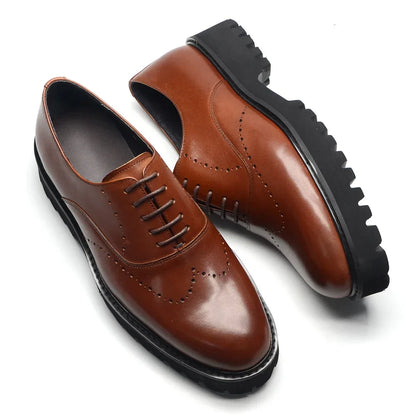 Luxury Men's Genuine Leather Platform Oxfords | Lightweight Black Sole Lace-Up Business & Casual Dress Shoes (Height Increasing)