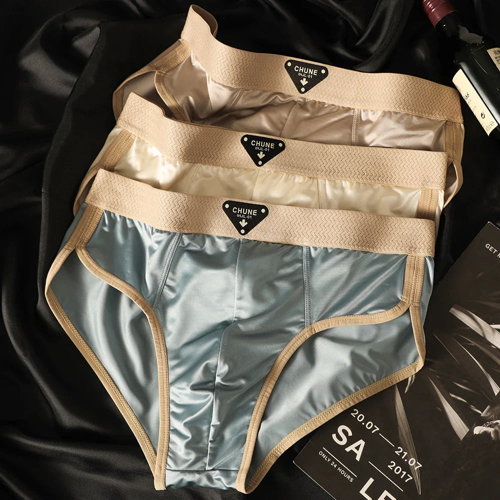 3PCS/Pack Luxury Satin-like Men Briefs, Ice Silk Hygroscopic Breathable Mesh Crotch High Elastic Men Underwear.