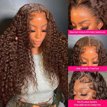 Chocolate Brown Deep Wave Frontal Wig | 13x4 HD Transparent Curly Lace Front Human Hair Wig (Bleached, Brazilian Brown Colored)