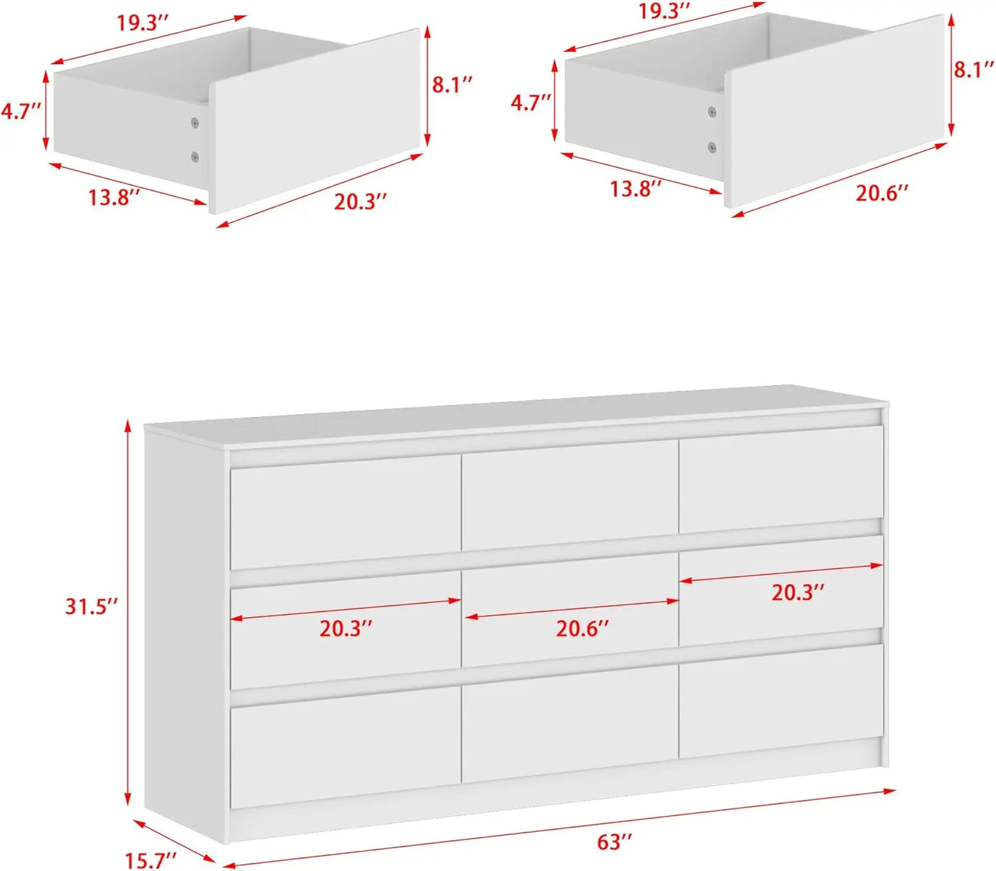 9 Drawer Dresser for Bedroom with Deep Drawers, Large Wood Chest of Drawers Handle Free.