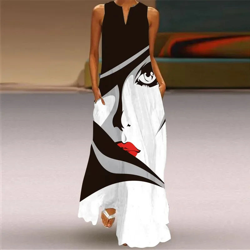 Elegant Sleeveless Women Dress, Vintage Print Loose Long Maxi Dresses Lady V Neck Pocket Sundress Plus Size