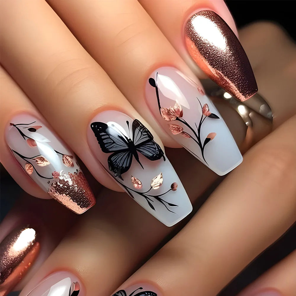 24pcs Golden Stripe Press on Nails Long Square False Nails Full Cover Nail Tips.