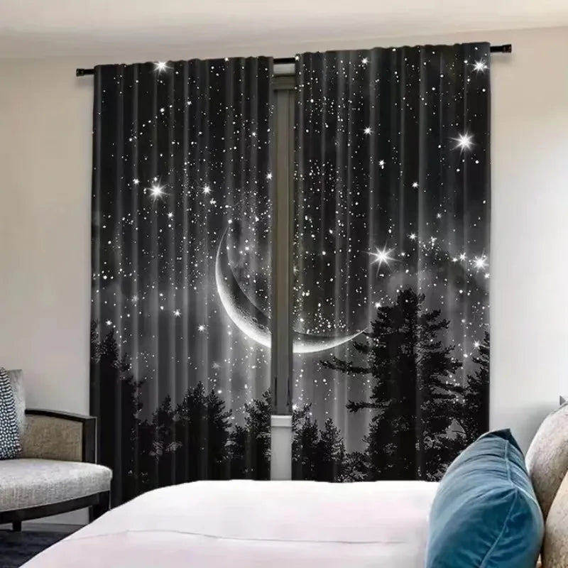 2pcs Starry Moon Forest Polyester Curtains - Set of Two Window Treatments.