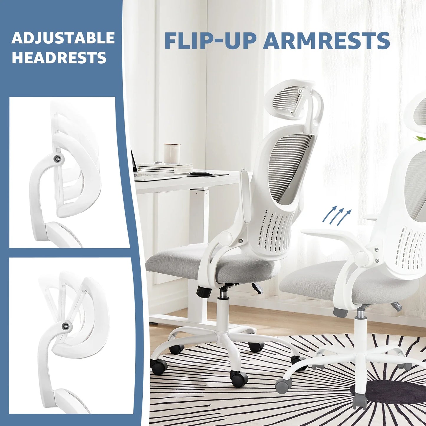 JHK Mesh Ergonomic Office Computer Desk Chair, Flip-up Arms, Adjustable Headrests.