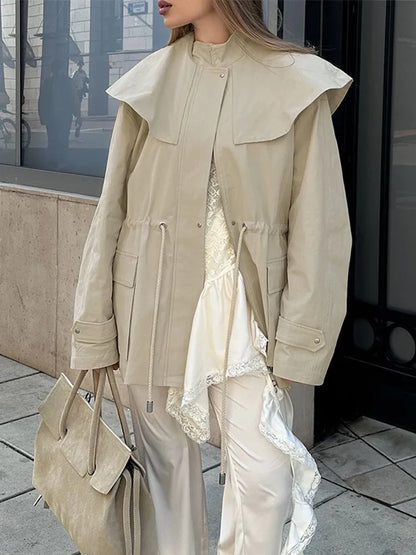 Women's Khaki  Drawstring Utility Style Jacket