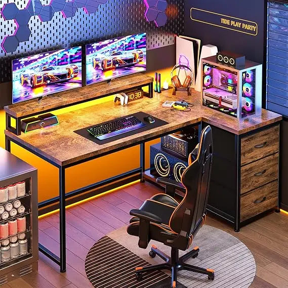 L Shaped Gaming Desk with LED Lights & Power Outlet 48Inch