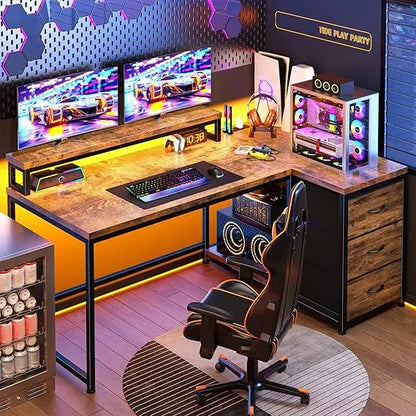 L Shaped Gaming Desk with LED Lights & Power Outlet 48Inch