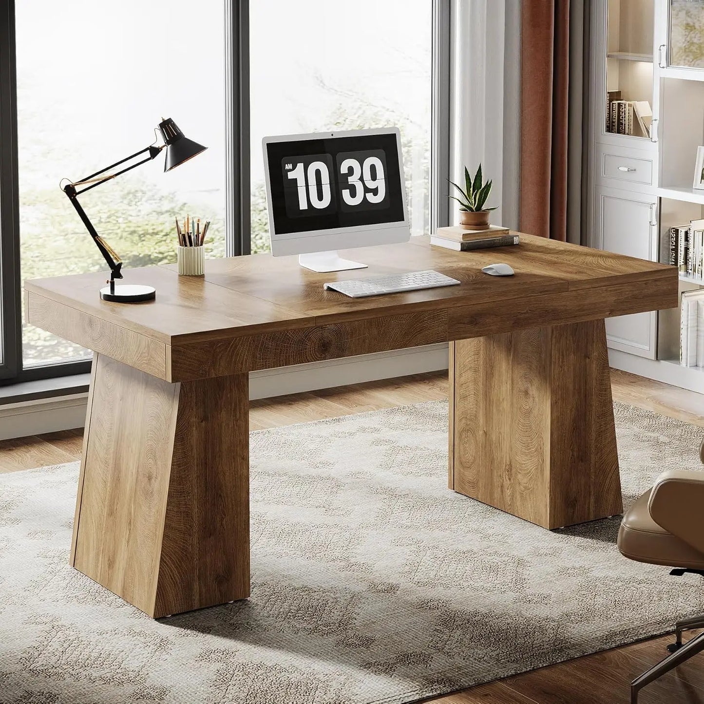 Executive Desk, Modern Home Office Desk with Trapezoid Base, Wood Computer Desk Workstation Small Conference Table.