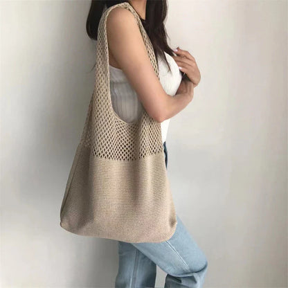 New Trend Women's Crochet Handbag | Retro Knitted Braid Solid Color Hollow Top-Handle Tote Bag (Black Khaki Shopper)