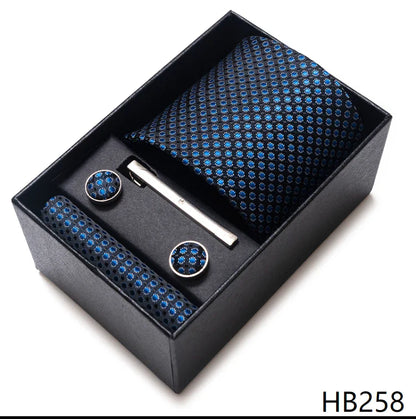 8 cm Wide Tie Sets Blue Solid Men's Neck Tie Handkerchief Cufflinks Clip Gift Silk Handmade