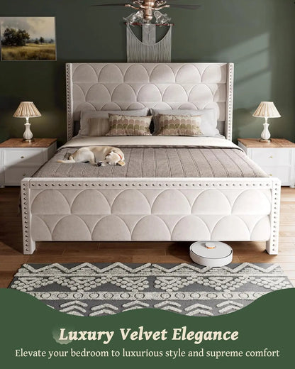 King Size Bed Frame with 56" Headboard - 1000LBS Capacity Support, Velvet Upholstered Wingback Platform Bed Frame.