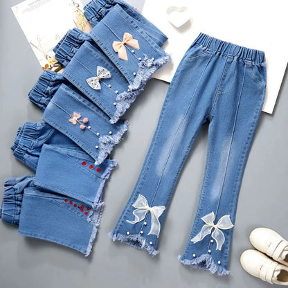 2024 New Autumn Elastic Kids Jeans, Girls Cute Leisure Bow Denim Children Flared Pants.