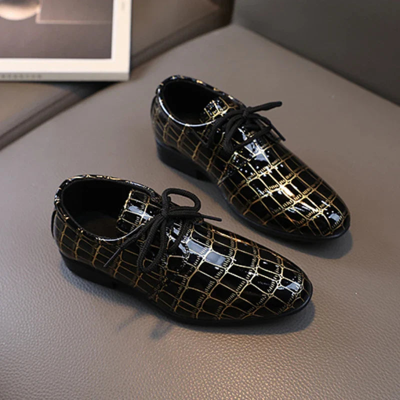 Boys Performance Shoe, Pointed Toe Black, White Children Leather Casual Shoes.